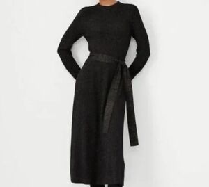 Ann Taylor Black Long Sleeve Belted Shimmer Sweater Dress -Medium Petite