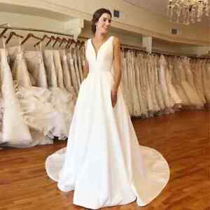 Simple White Satin Wedding Dresses V Neck Sleeveless Sweep Train Bridal Gowns