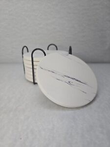 New ListingSet of 8 Ceramic Marbled Coasters Absorbent /Cork Bottom W/Metal Holder 4