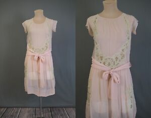 Vintage 1920s Sheer Pink Dress, Silk Crepe & Lace Flapper 32 bust, with issues