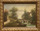 Antique Landscape Oil Painting on Canvas Lovely Cottage by Bridge Ornate Frame