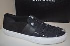 CHANEL 16B Black Blue Silver Tweed Suede CC Logo Slip On Sneakers Flat Shoe 36.5