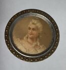 Antique lithograph woman's portrait fancy button  round metal 1 1/2” victorian