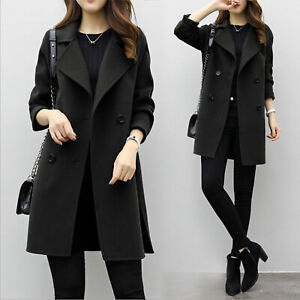 Women Elegant Notched Collar Trench Coat Double Breasted Wool Blend Over Coat