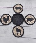Set of 4 Stenciled Rooster, Lamb, Hog, Bull Coasters and Holder Basket, Black