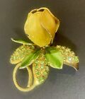 Hobe Gold Tone Yellow Rose Flower Enameled Green Crystal Brooch Pin Vintage HTF