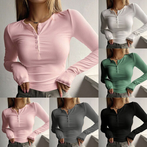 Women's Basic Long Sleeve Top Slim Fit Stretchy Crew Neck T-Shirt Plain Cotton 、