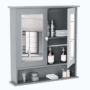 ( Open Box ) Home Bathroom Wall Mount Cabinet Storage Toilet Mirror Door Grey