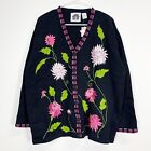Storybook Knits Sweater Womens 1X Black Pink Floral Cardigan Embroidered NWT