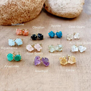 Natural Raw Stone Crystal Stud Earrings Gemstone Quartz Earrings Handmade