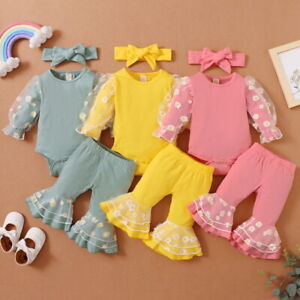 Newborn Baby Girl Bodysuit Romper Headband Floral Clothes Pants Outfits Set 3pcs