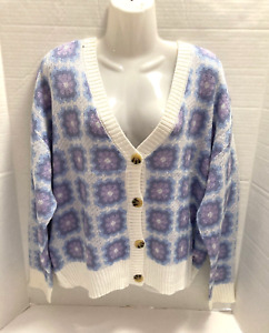 No Comment Knitted Sweater Cardigan Button Front Crop Multi Geometric XL New
