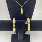 Vtg Natural Yellow Citrine Gemstone Set Pendant Necklace 2 Stretch Bracelets