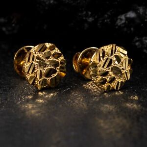 Men's Round Hip Hop Diamond Cut Real 10K Solid Gold Nugget Stud Earrings