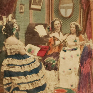 Female Painter Posing Girls Stereoview c1865 Tinted Young Women Piano Card D921