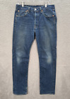 Levis Jeans Mens 33x34 Blue Denim 501 Button Fly Tapered Leg Workwear Distressed