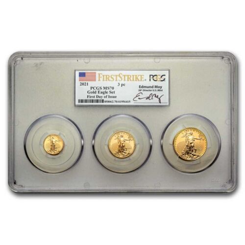 2021 3-Coin Gold Eagle Set (Type 1) MS-70 PCGS (FS, Ed Moy)