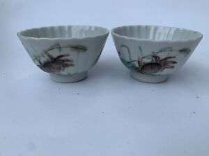 Pair Of Chinese Antique Famille Rose Porcelain Bowls Four Characters Mark 19th