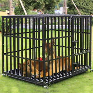 XXL Heavy Duty Pet Dog Cage Strong Metal Crate Kennel Playpen with Wheels &Tray