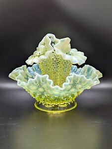 New Listing✨ Fenton Hobnail Epergne Yellow Vaseline Glass 3 Flower Horns Uranium Glass