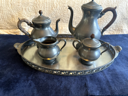 Vintage Royal Holland 5pc Pewter Tea Set Coffee Pot Tea Pot Sugar Creamer Tray