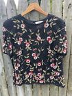 Papell Boutique Beaded Black Silk Floral Top Short Sleeved Zipper Back Size 1X