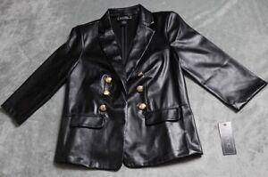 NYCC Faux Leather Blazer Women's Medium Black Gold Button Open Front Travel NWT