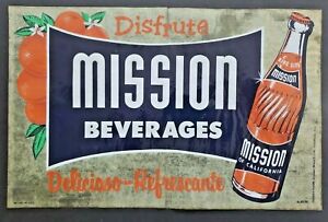 Vintage 1950s Mission Beverages Window Decal California Orange Soda Spanish WS9D