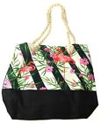 Trezo Flamingo Flowers Tote Bag Handbag Purse Rope Handle Canvas Black Beach Bag