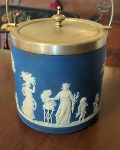 Antique Wedgwood Biscuit Barrel Blue White Jasper Dip Neoclassical Wedgwood Only