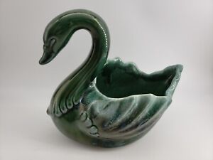 Vintage Hull USA Pottery F71 Green Swan Planter or Dish, 7.5in tall