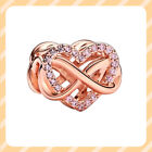 Rose Gold Sparkling Infinity Pink Heart Charm 925 Sterling Silver Bracelet Charm