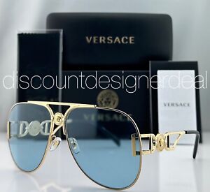 Versace Aviator Sunglasses VE2255 1002/1 Gold Metal Frame Light Blue Lens 63mm