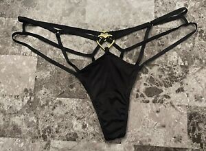 NWT VICTORIA'S SECRET BLACK SATIN SMOOTH STRAPPY HEART HARDWARE THONG PANTIES