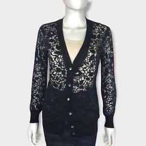 Magaschoni Silk & Cashmere Black Lace Floral V-neck Cardigan