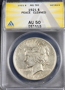 1921 Silver PEACE Dollar ANACS AU50 Details: Cleaned (426)