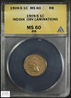 1909 S Indian Head Copper Cent 1C ANACS MS 60 RB Red Brown (Obverse Laminations)