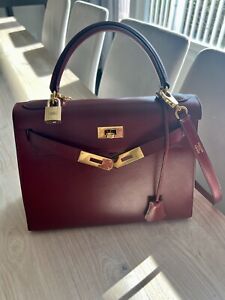 Hermes Kelly 28 Sellier Handbag Box Calf Leather, Rouge H
