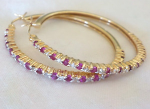 Glistening 14K Yellow Gold Ruby Diamond Hoop Earrings - 7.1 gms, 1.40 in, 0.84ct