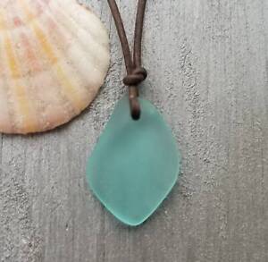 Handmade in Hawaii, leather cord unisex Puff Aqua sea glass necklace, unisex