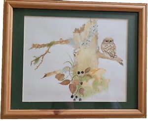 Original Vintage Framed Pencil Drawing Of Owl & Autumnal Scene Signed By Artist