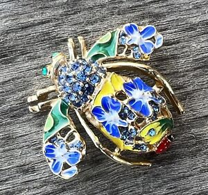 Blue Enamel Vintage Crystal Glass Rhinestone Bee Insect Daisy Flowers Brooch Pin