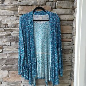 Logo Lori Goldstein Womens Blue Teal Floral Open Front Long Sleeve Cardigan M