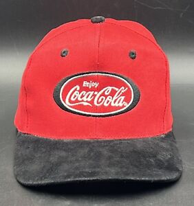 NWOT VTG 1990s KC Brand Coca Cola Red Hat Cap Black Suede Visor Bill Strapback