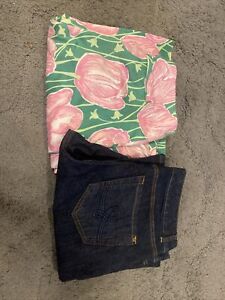 Vintage Lilly Pulitzer Sz 10 Lot Green And Pink Flower And Blue Jeans