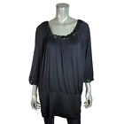 Dots Top Plus Size 3X 3/4 Sleeve Pullover Stretch Banded Hem Casual Black