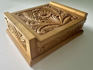 Hand Carved Floral Foliate Blond Wood Trinket Box, Made in Hungary
