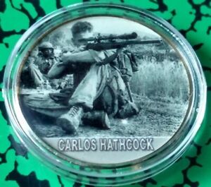 USMC SNIPER CARLOS HATHCOCK WHITE FEATHER COLORIZED ART ROUND CHALLENGE COIN