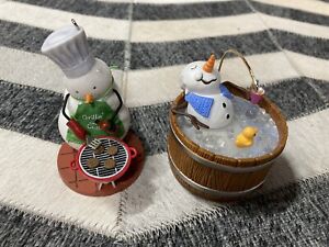 2 Snowman Hallmark Keepsake Ornaments - Grilling(2008) and Hot Tub(2011) - READ