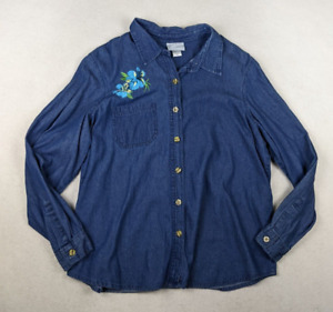 BLAIR - WOMEN'S BLUE CHAMBRAY DENIM EMBROIDERED LONG SLEEVE BUTTON-UP TOP - XL